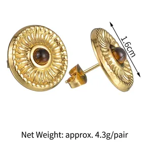Boucles d'oreilles rondes ethniques en acier titane doré avec œil de tigre, 1,6 cm