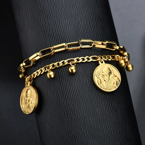 Double-layer 18K gold-plated bracelet with paperclip chain and religious portrait pendants