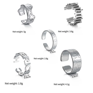 Detailed view of silver geometric adjustable rings with various textured patterns and widths