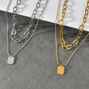 Double-layered stainless steel necklace set with cuban chain and square pendant