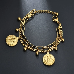 18K gold plated double layer necklace with religious coin pendants and beads