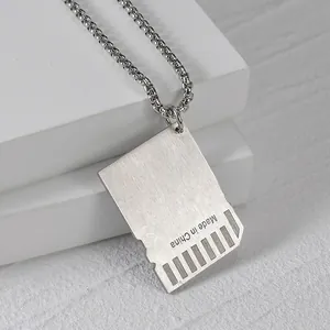 Minimalist silver SD card pendant necklace in brushed stainless steel with bead chain