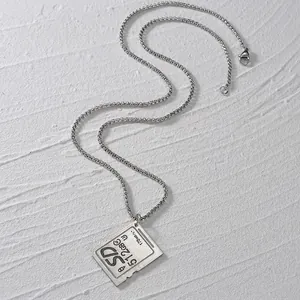 Minimalist stainless steel necklace featuring a creative SD memory card pendant on a chain