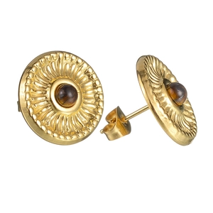 Boucles d'oreilles boutons dorées vintage avec pierre brune et motif rayon de soleil