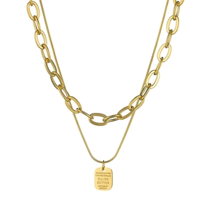 Double-layered gold chunky and snake chain necklace with square engraved pendant