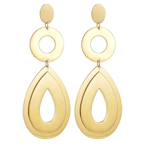 Boucles d'Oreilles Pendantes Géométriques en Acier Inoxydable pour Femmes Plaqué Or Creux Goutte d'Eau Cercle Long Bijoux Mode