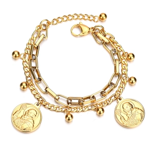 18K gold plated double layer bracelet with saint coin charms and paperclip chain links