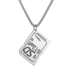 Minimalist stainless steel necklace featuring a silver SD card pendant with brushed metal texture