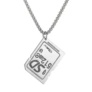 Creative SD Memory Card Pendant Necklace For Women Stainless Steel Brushed Industrial Geek Style Silver Sweater Chain Jewelry