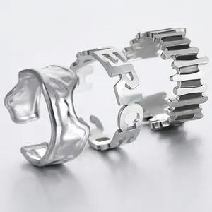Men's Stainless Steel Open Ring Hip Hop Geometric Adjustable Lava Texture Cutout Letter Finger Ring Jewelry Gift