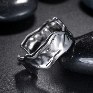 Men's geometric open ring in silver stainless steel with irregular lava texture design