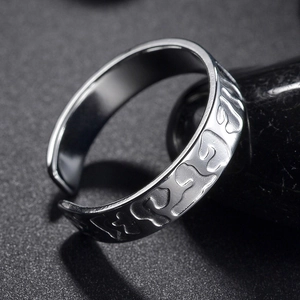 Industrial geometric open ring for men featuring a liquid metal textured surface in silver