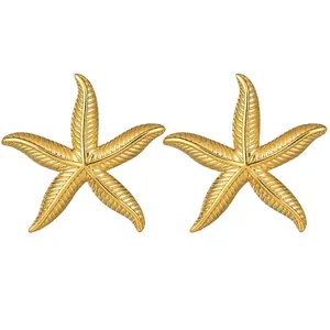 Orecchini a Bottone a Stella Marina Vintage Oro Acciaio Inossidabile Texture Marina Gioielli da Spiaggia Per Donna