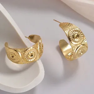 Ethnic style wide irregular gold titanium steel C-hoop earrings with sun pattern texture