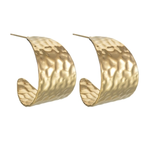 Ethnic hammered gold titanium steel C-shape earrings for women with irregular vintage texture