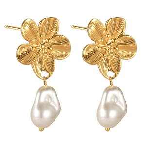 Vintage gold flower earrings with brushed texture petals and elegant white pearls