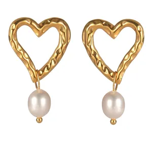 Vintage Stainless Steel Artificial Pearl Heart Flower Drop Earrings For Women Elegant Gold Plated Metal Dangle Jewelry Accessories