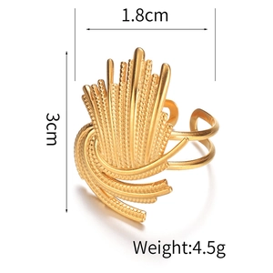 Detailed view of an 18K gold-plated open ring with abstract layered fan design and specs