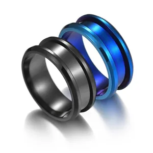 Minimalist 8mm stainless steel groove rings set in black and blue industrial style