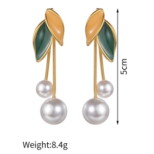 Detail of vintage enamel leaf earrings with long pearl tassels, length 5cm, weight 8.4g