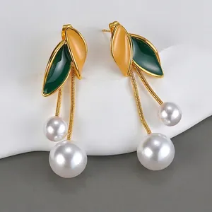 French vintage tassel pearl earrings with enamel leaves and golden snake chains