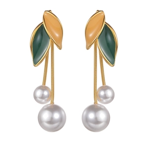French vintage tassel pearl long earrings with green yellow enamel leaves and gold snake chains