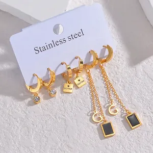 Französisches Vintage-Ohrring-Set aus Edelstahl in Gold mit geometrischen Anhängern und Ketten