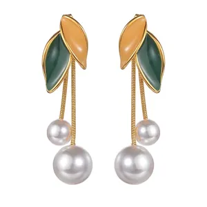 French Vintage Stainless Steel Long Tassel Earrings Exquisite Drip Oil Enamel Leaf Artificial Pearl Stud Earrings For Women Jewelry
