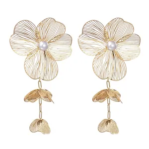 Stainless Steel Gold Hollow Flower Dangle Earrings With Faux Artificial Pearl Bohemian Long Tassel Drop Earrings For Women Accessory