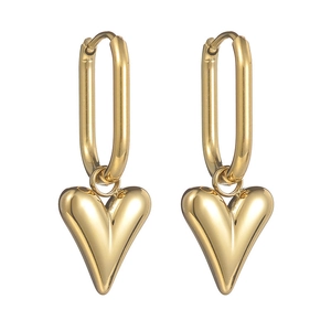 French vintage style golden heart drop earrings with polished metal finish on white back