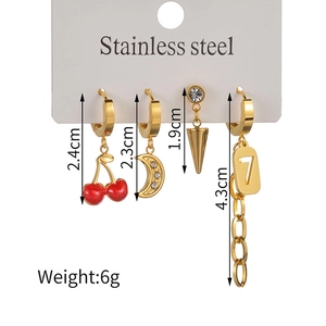 Detail view of gold-plated stainless steel earring set with dimensions and weight info