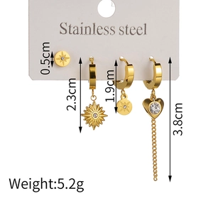 Macro detail of 18K gold plated stainless steel earring set with precise size measurements