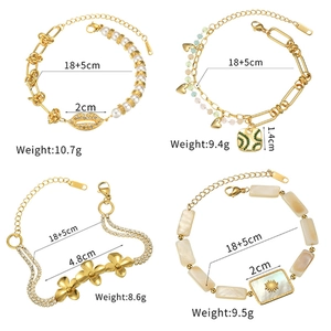 Detailed grid showing four gold-plated stainless steel bracelets with charms and pearls