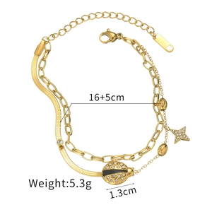 Detailed view of dual-layer golden bracelet showing dimensions 16 plus 5cm and ladybug charm