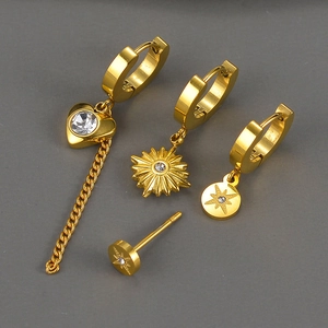 Detailed view of 18K gold plated stainless steel irregular geometric earring set with zircons