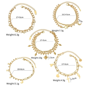 Detailed size chart showing double-layered 18K gold plated steel bracelets with charms
