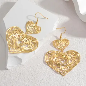 Exaggerated geometric hollow heart drop earrings in 18K gold plated titanium steel