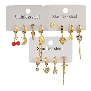 French vintage 18K gold plated stainless steel earring set with geometric charms
