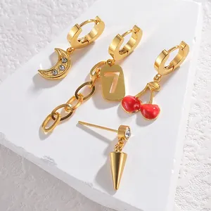 French vintage 18K gold plated irregular geometric earrings set with cherry and moon charms