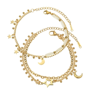 18K gold plated stainless steel layered anklet set with star and moon charms