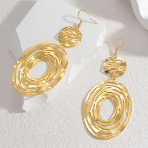 Modern 18K gold plated hollow geometric oval drop earrings with vintage layered design