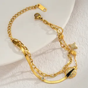 Double-layered 18K gold plated titanium steel bracelet with charms and zircon