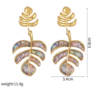 Detailansicht der Monstera-Blatt-Ohrhänger in Gold mit buntem Perlmutt-Inlay aus Abalone