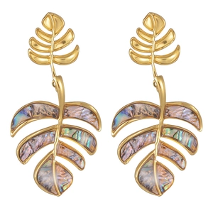 Detail der Monstera-Blatt-Ohrringe mit bunten Perlmutt-Inlays in goldener Ausführung