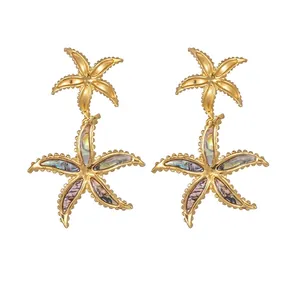 Gold Überzogene Edelstahl Abalone Muschel Seestern Monstera Blatt Ohrringe Böhmische Tropische Meeres Schmuck Für Damen