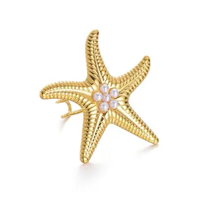 Gold Plated Stainless Steel Starfish Artificial Pearl Open Ring Exaggerated Trendy Marine Style Adjustable Finger Jewelry For Women