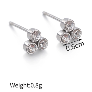 Detailed view of silver titanium steel earrings featuring three round cubic zirconia stones