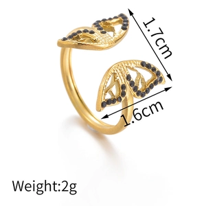 Macro detail of gold butterfly open ring with black rhinestones and size dimensions