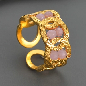 Retro geometric oval gold titanium steel ring with purple beads for women