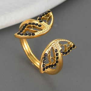 Golden butterfly open ring with sparkling black rhinestones in a minimalist design